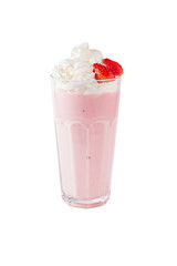 Milk cocktail with ice cream, banana and strawberry in glass, isolated on white.