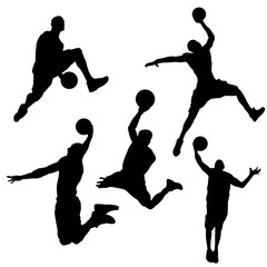 Black silhouettes of a basketball player on a white background