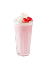Milk cocktail with ice cream, banana and strawberry in glass, isolated on white.