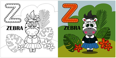 Z letter, zebra, coloring book or page, vector cartoon