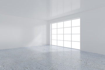 Empty white room with large stained glass windows. 3D rendering.