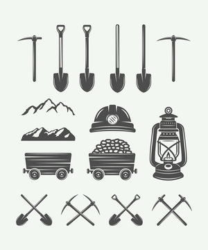 Set of retro mining or construction design elements in vintage style. Monochrome Graphic Art. Vector Illustration.