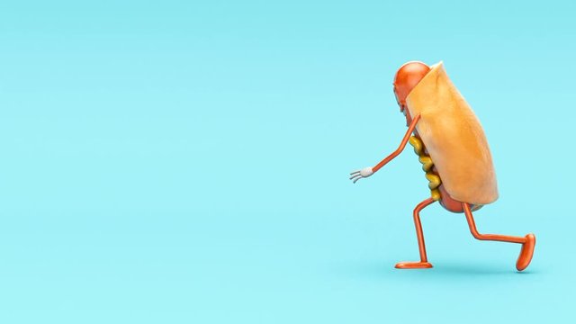 Funny hot dog character dances vigorously on the blue background. Seamless looping animation, 3D render.