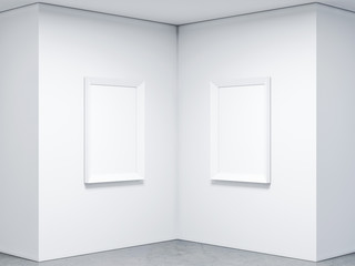 White Wooden Frames Mockup in empty gallery room. 3d rendering
