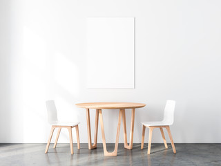 Vertical Poster Mockup with Two wooden chairs and table in empty room. 3d rendering