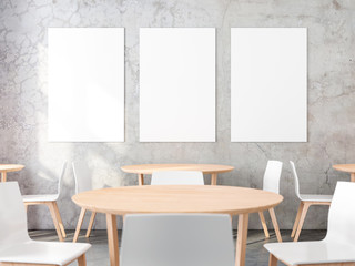 Three posters on concrete wall in cafe interior. 3d rendering