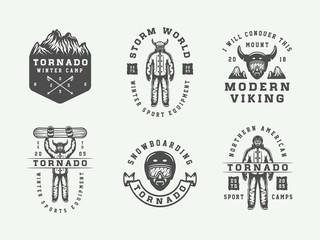 Fototapeta premium Set of vintage snowboarding, ski or winter sports logos, badges, emblems and design elements. illustration. Monochrome Graphic Art.