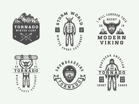 Set of vintage snowboarding, ski or winter sports logos, badges, emblems and design elements. illustration. Monochrome Graphic Art.