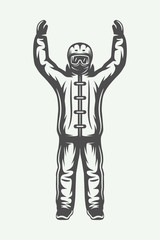 Vintage winter sportsman in ski suit. Monochrome Graphic Art. Vector Illustration.