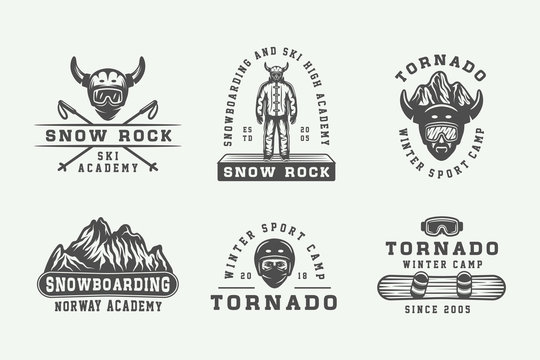 Set of vintage snowboarding, ski or winter sports logos, badges, emblems and design elements. Vector illustration. Monochrome Graphic Art.