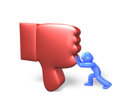 3d man pushing red thumb down, 3D illustration
