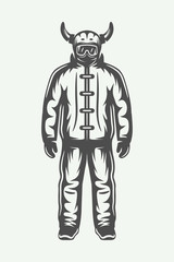 Vintage winter sportsman in ski suit. Monochrome Graphic Art. Vector Illustration.