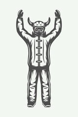 Vintage winter sportsman in ski suit. Monochrome Graphic Art. Vector Illustration.