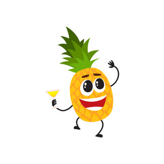 Funny pineapple character with human face and cocktail glass having fun at party, cartoon vector illustration isolated on white background. Pineapple character dancing at party with cocktail glass
