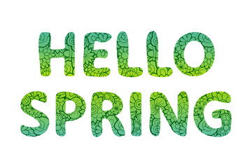 Hello spring lettering. Green text with floral ornament, isolated on white background Vector illustration