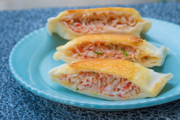 close up Home Made Grilled Crab Stick and Ebiko Sandwiches.(selective Focus)