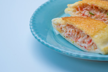close up Home Made Grilled Crab Stick and Ebiko Sandwiches.(selective Focus)