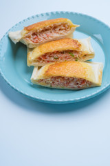 close up Home Made Grilled Crab Stick and Ebiko Sandwiches.(selective Focus)