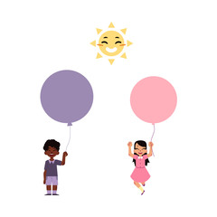 Vector flat asian girl child jumping with air balloon in pink dress, african black boy standing holding balloon sun smiling. Happy kid character celebration party invitation card Isolated illustration