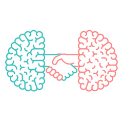 Left and Right Brain, Brainstorm Handshake concept outline stroke flat design with Smile and Angry face symbol illustration isolated on white background with copy space, vector eps 10
