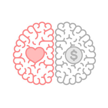 Left and Right Brain, Love concept outline stroke flat design with Heart symbol illustration isolated on white background with copy space, vector eps 10