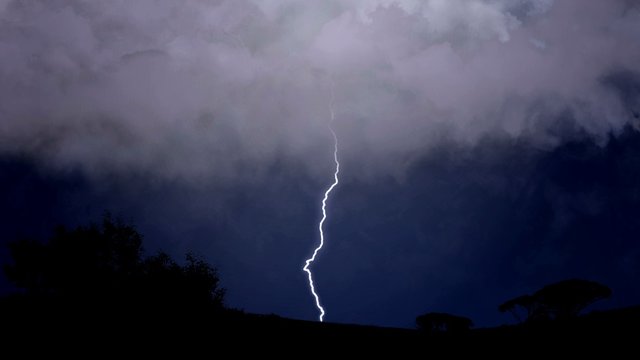 Dramatic nature background, electric firebolts strike from clouds to ground