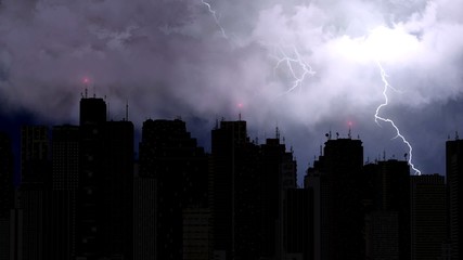 Stunning view of lightning bolts strike above city skyscrapers at night time - Powered by Adobe