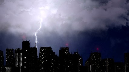 Lightning strikes above skyscrapers, dramatic thunder clashes, bad weather