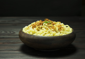 Instant Noodles in a Wooden Bowl.