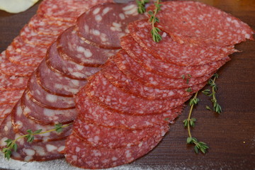 Three types of smoked sausages, Salami slices