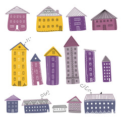 Vector set of colorful buildings decorated with ornaments