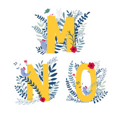 Floral alphabet, letter m, n, o set