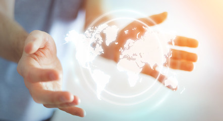 Businessman using digital world map interface 3D rendering