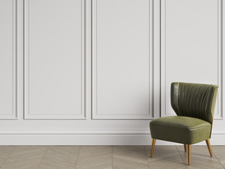 Armchair in art deco style in classic interior with copy space.White walls with mouldings. Floor parquet herringbone.Digital Illustration.3d rendering