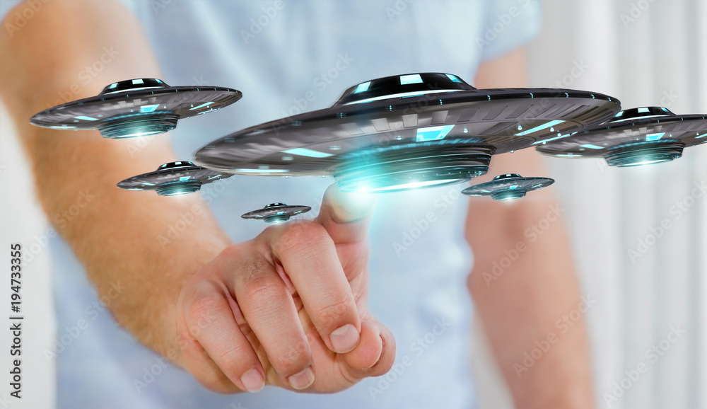 Poster businessman with retro ufo spaceship 3d rendering