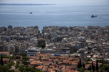View from the historic center of Thessaloniki, Greece toward the town and sea