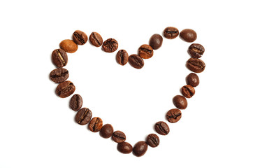Coffee beans in shape of heart isolated on a white background