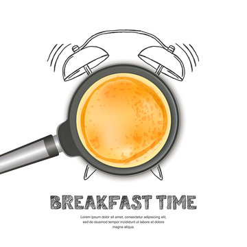 Vector realistic illustration of pan with pancake and hand drawn alarm clock isolated on white background. Top view food on dark background. Creative design for breakfast menu, cafe, restaurant.