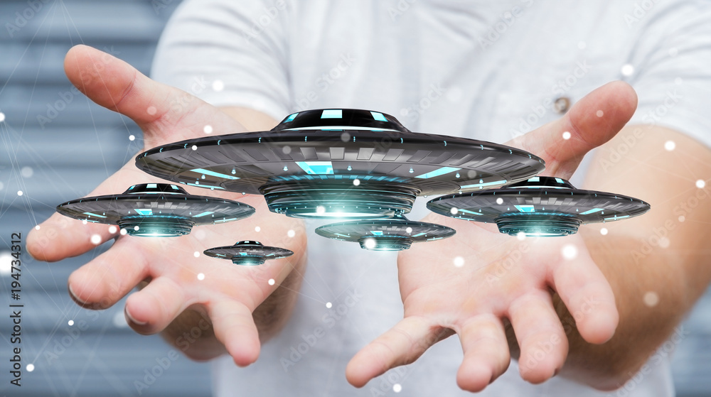 Poster businessman with retro ufo spaceship 3d rendering