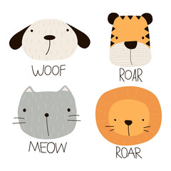 Set of fanny animals with lettering. Vector hand drawn illustration.