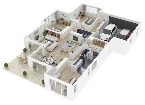 Floor Plan Of A House Top View 3D Illustration. Open Concept Living House Layout