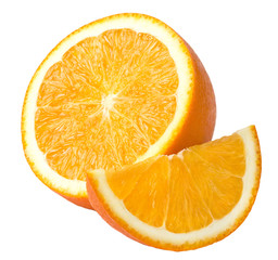 Ripe orange fruit cut and slice isolated on white background, clipping path