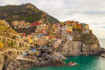 Stunning view of the beautiful and cozy village of Manarola in the Cinque Terre National park, Liguria, Italy