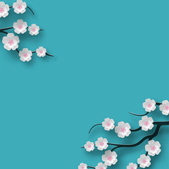 Fototapeta premium Floral background decorated blooming cherry flowers branch, bright blue backdrop for spring time season design. Banner, poster, flyer with place for your text. Paper cut out style, vector illustration