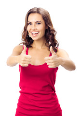 Fototapeta premium Woman showing thumbs up gesture, over white