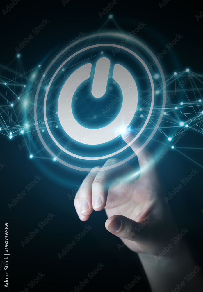 Aufkleber Businessman using 3D render power button with connections