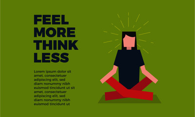 Vector illustration yoga woman. "Feel More Think Less" Quote. Yoga Concept