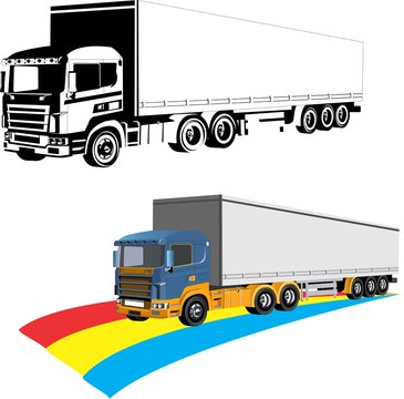 Two big trucks trailers, 3d vector, delivery trucks, lory, isolated on white, monochrome and colored.