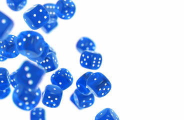 Blue game dices isolated on white background and copy space on the right side