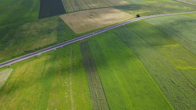 Road among green fields in Cherkessk, Karachaevo-Cherkessia. Beautiful view from above, shooting from a quadopter, 4K